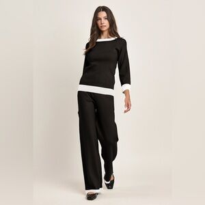 Able Scalloped Colorblock Sweater Top & Pants Set black and white